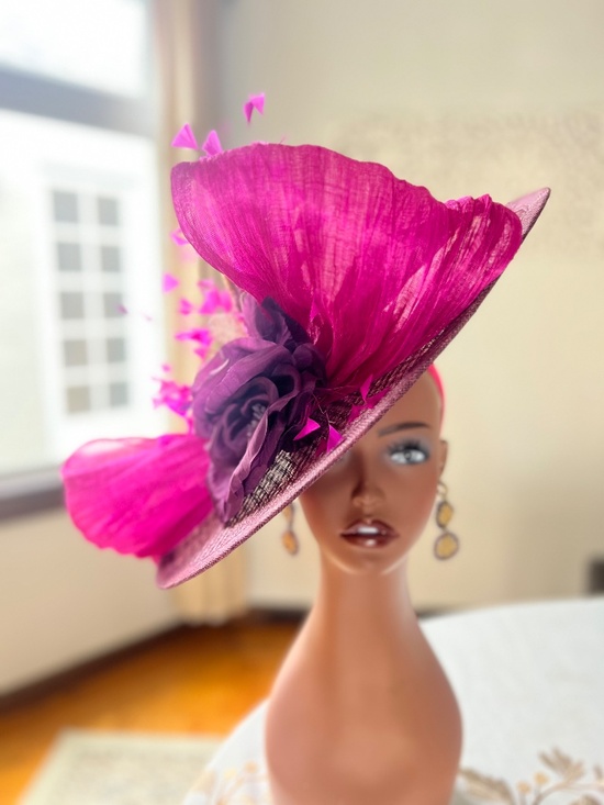 Fuchsia Pink and Deep Purple Hat Fascinator with Abaca Silk oversized bow and 10